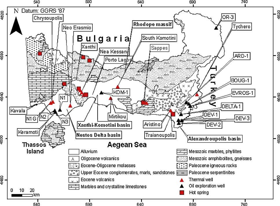 Εικόνα 4-13. Γεωλογικός χάρτης της Ανατολικής Μακεδονίας και Θράκης που δείχνει την τοποθεσία θερμών πηγών, ρηχών θερμικών και βαθιών εξερευνητικών γεωτρήσεων πετρελαίου (από Mendrinos et al., 2010).