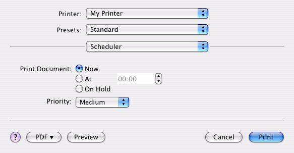 Scheduler (Προγραμματισμός) Με την επιλογή αυτή, μπορείτε να καθορίσετε εάν το έγγραφο θα εκτυπώνεται αμέσως ή μετά από κάποιο διάστημα.