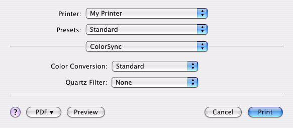ColorSync Color conversion (Μετατροπή χρωμάτων) Για την επιλογή Color Conversion (Μετατροπή χρωμάτων), διατίθεται μόνο η επιλογή Standard (Τυπική) για το μοντέλο εκτυπωτή σας.
