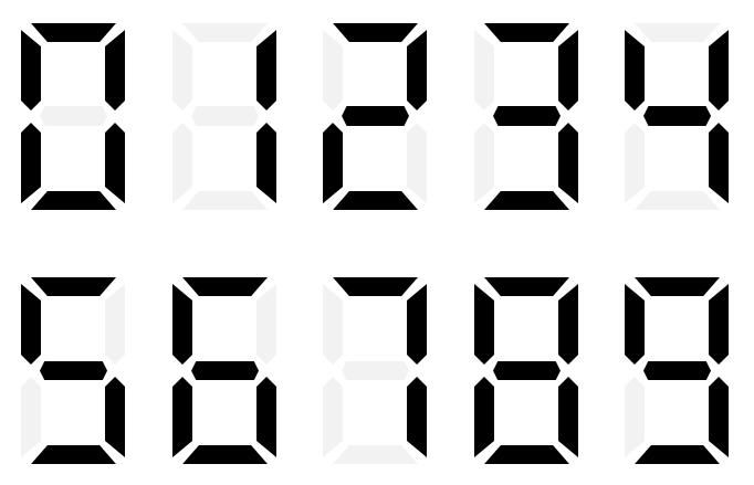 една од цифрите од 0 до 9. Секоја од цифрите е составена од 7 делови како цифрите на дигитронот. Доколку делот е уклучен тогаш има вредност 1, а во спротивно вредност 0. Слика 13.