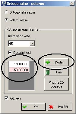 Prav tako je omogočen vnos poljubnih kotov tako, da se z aktiviranjem gumba listo vnese nova vrstica s poljubnim kotom.