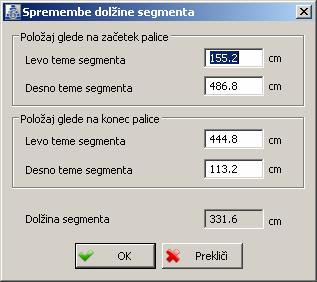 130 Dialog za spremembo dolžine aktivnega segmenta V prvem in drugem polju so prikazane oddaljenosti levega in desnega temena segmenta od začetka