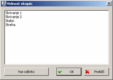 dialog z listo vseh skupin vidnosti, ki so do tedaj shranjene v bazi programa.