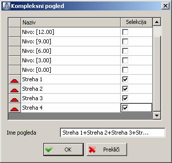 Dialog za kreiranje sestavljenih pogledov V listi se sedaj poleg pomožnih pogledov, ki so shranjeni v bazi, prikazujejo tudi vsi postavljeni nivoji.