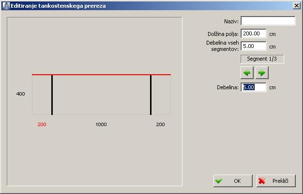 47 Dialog za definiranje parametrov tankostenskega prečnega prereza V polju Debelina se poda debelina aktivnega segmenta, debelina vseh segmentov pa se lahko poda v
