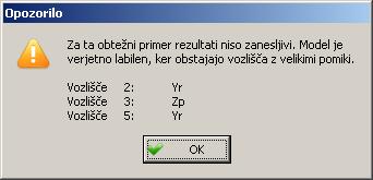 93 Labilno je vozlišče na desnem koncu grede, vzrok labilnosti je prostostna stopnja Xr Simbol labilnega vozlišča ostane viden tudi v modulu za vnos podatkov, zato da se lahko lažje odpravi vzrok