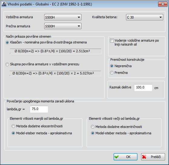104 9.4 Dimenzioniranje gred 9.4.1 Vhodni podatki 9.4.1.1 Vhodni podatki globalni Z izborom tega ukaza se odpre dialog: