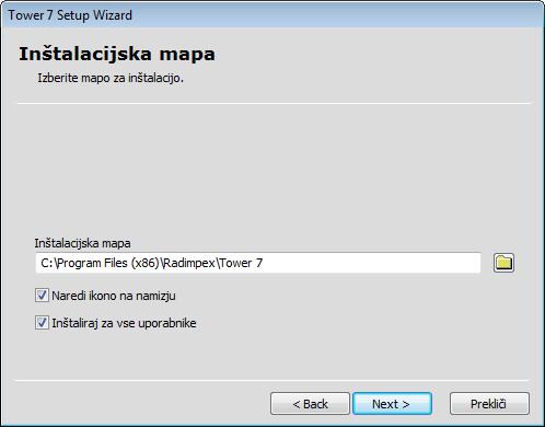 V kolikor inštalirate 32-bitno verzijo programa se zažene program \Tower7\ Tower7_win32_Setup.exe, če pa 64-bitno verzijo pa program \Tower7\ Tower7_x64_Setup.exe. Odpre se dialog: Sedaj izberete gumb Install in začela se bo sama inštalacija programa.