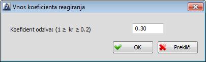 dialog: V prikazanem polju se poda vrednost koeficienta reagiranja.