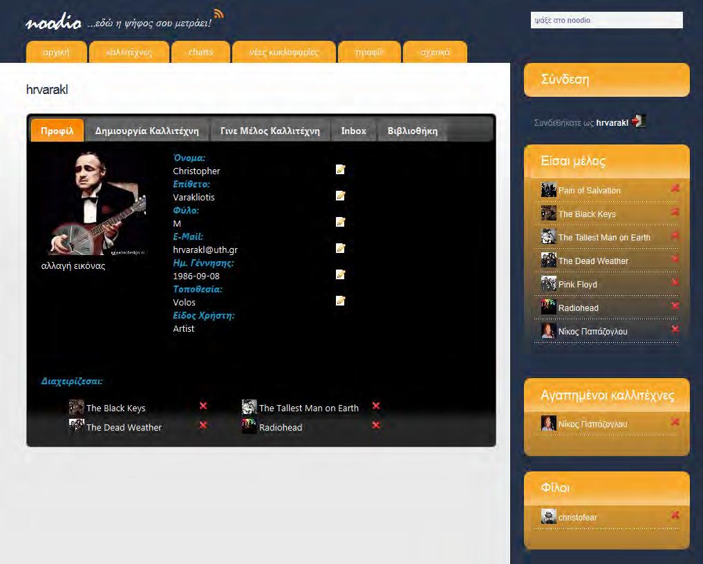 Εικόνα 6-5: Σελίδα προφίλ του χρήστη Από τις σημαντικότερες σελίδες της εφαρμογής μας, ως προς τις λειτουργίες που προσφέρει, είναι η προσωπική σελίδα του καλλιτέχνη.