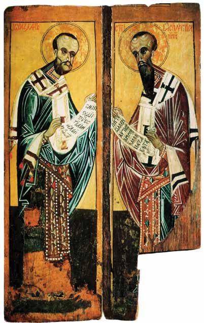 u sv. Jána Zlatoústeho olivovozelené. Hierarchovia sú zobrazení v celých postavách s rozvinutými zvitkami v rukách s fragmentmi modlitby eucharistického kánona z Liturgie sv. Jána Zlatoústeho. Zvitok sv.
