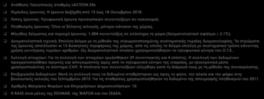 Ταυτότητα της έρευνας Ανάθεση: Τηλεοπτικός σταθμός «ACTION 24». Περίοδος έρευνας: Η έρευνα διεξήχθη από 15 έως 18 Οκτωβρίου 2018.