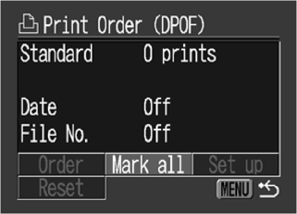 Razne funkcije 2 Tipkom Y, X, W ili V odaberite [Mark all] i pritisnite tipku SET. 3 Tipkom W ili V odaberite [OK] i pritisnite tipku SET. 5 Na zaslon se vraća izbornik Print Order.