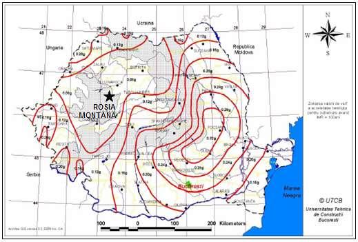 Figura 2.3. Zonarea valorii de vârf a acceleraţiei terenului pentru cutremure având perioada de revenire de 100 de ani.