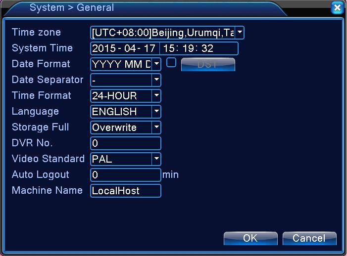4.4.1 Obecné nastavenia Obrázok 4.17 Obecné nastavenia System time Nastavenie dátumu a času v systéme Date format Zvoľte formát dátumu: RMD, MDR, DMR - YYYY (Rok), MM (Mesiac), DD (Deň).