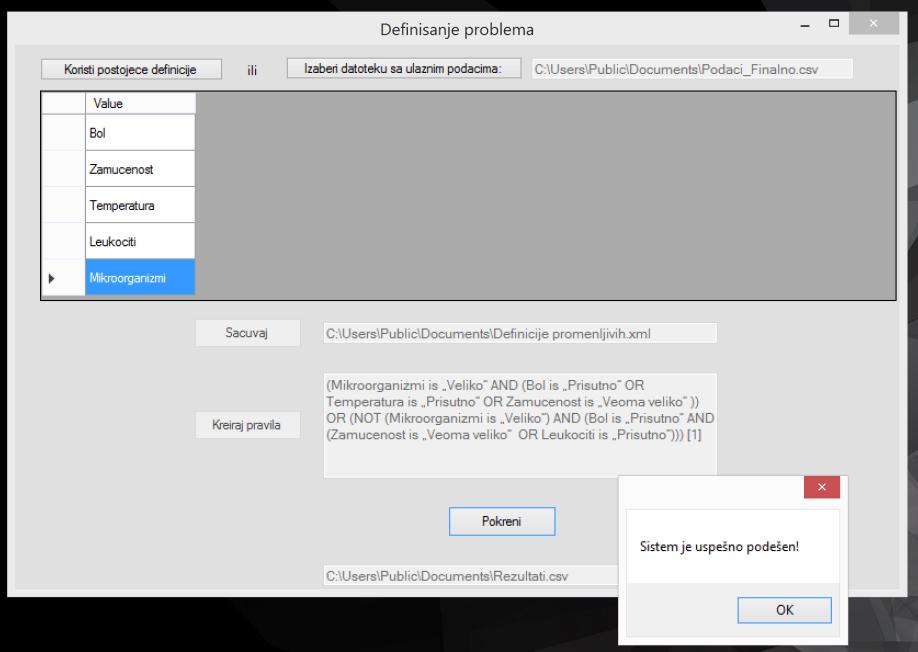 По завршетку процеса подешавање параметара ажурираће се XML документ у коме се налазе дефиниције функција припадности за све улазне