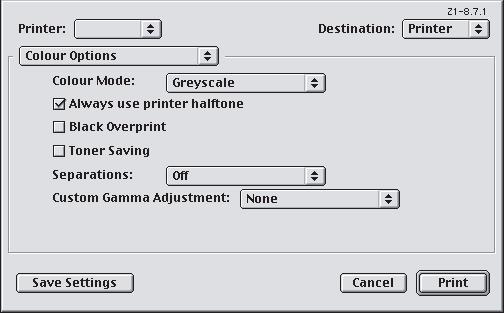 MAC OS 9 1. Στο πρόγραµµα εφαρµογής σας, διαλέξτε [File] (Αρχείο) [Print] (Εκτύπωση). 1 2 3 4 2. Από το µενού [Printer] (Εκτυπωτής) (1), επιλέξτε τον εκτυπωτή σας.