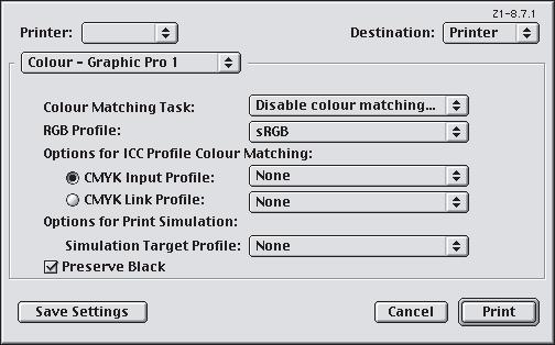 MAC OS 9 1. ιαλέξτε [File] (Αρχείο) [Print] (Εκτύπωση). 2. Από το µενού [Printer] (Εκτυπωτής) (1), επιλέξτε το µοντέλο του εκτυπωτή σας. 3. Επιλέξτε [Colour Options] (Επιλογές Έγχρωµης Εκτύπωσης) (2).