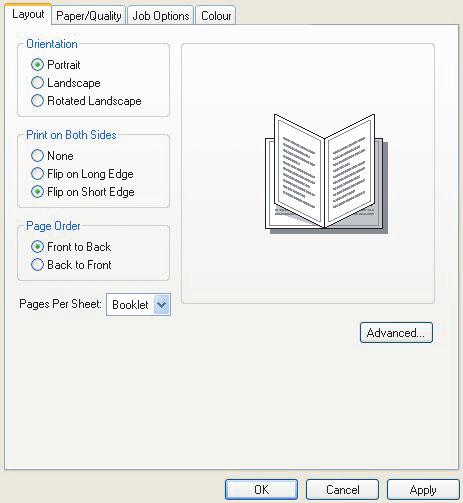 Windows PostScript (Windows 2000/XP/Server 2003 µόνο) 1. Στην καρτέλα [Layout] ( ιάταξη) του οδηγού, διαλέξτε [Booklet] (Βιβλιάριο) από την αναπτυσσόµενη λίστα [Pages Per Sheet] (Σελίδες Σε Φύλλο). 2. Ελέγξτε αν η επιλογή duplex είναι επιλεγµένη στο [Flip on Short Edge] (Ανάποδη Πλευρά στην Μικρή Άκρη).