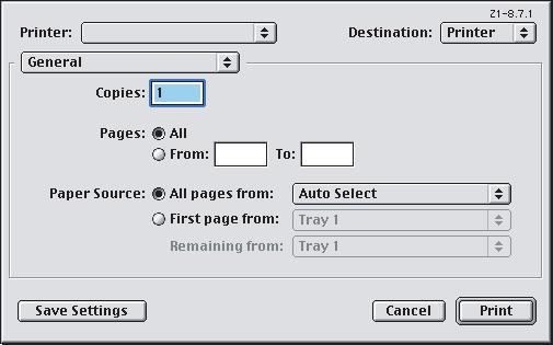 Mac OS9.x 1. ιαλέξτε [File] (Αρχείο) [Print] (Εκτύπωση). 1 2 3 2. Από το µενού [Printer] (εκτυπωτής) (1), επιλέξτε το µοντέλο του εκτυπωτή σας. 3. Επιλέξτε [General] (Γενικά) (2). 4.