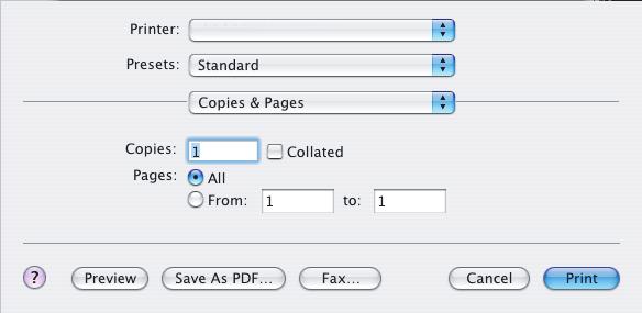 Mac OS X 1. ιαλέξτε [File] (Αρχείο) [Print] (Εκτύπωση). 1 2 3 2. Από το µενού [Printer] (εκτυπωτής) (1), επιλέξτε το µοντέλο του εκτυπωτή σας. 3. ιαλέξτε [Copies & Pages] (Αντίγραφα & Σελίδες) (2).