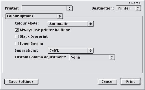 Mac OS9 1. ιαλέξτε [File] (Αρχείο) [Print] (Εκτύπωση). 1 2 3 2. Από το µενού [Printer] (εκτυπωτής) (1), επιλέξτε το µοντέλο του εκτυπωτή σας. 3. Επιλέξτε [Colour Options] (Επιλογές Έγχρωµης Εκτύπωσης) (2).