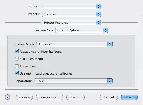 Mac OS X 1. ιαλέξτε [File] (Αρχείο) [Print] (Εκτύπωση). 1 2 3 4 2. Από το µενού [Printer] (εκτυπωτής) (1), επιλέξτε το µοντέλο του εκτυπωτή σας. 3. Επιλέξτε [Printer Features] ( υνατότητες Εκτυπωτή) (2).