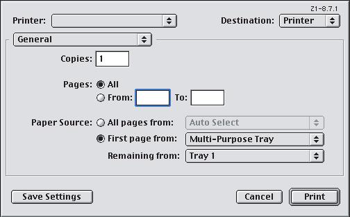 4. Επιλέξτε τον δίσκο που θέλετε να τροφοδοτήσει την συνοδευτική σελίδα και τον τύπο χαρτιού στις αναπτυσσόµενες λίστες [Source] (Προέλευση) και [Weight] (Βάρος). Mac OS9.x 1.