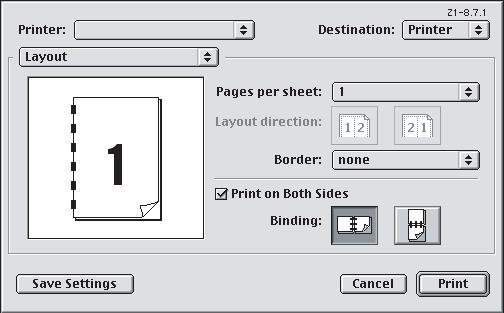 Mac OS 9 1. Στο πρόγραµµα εφαρµογής σας, διαλέξτε [File] (Αρχείο) [Print] (Εκτύπωση). 1 2 3 4 2. Από το µενού [Printer] (Εκτυπωτής) (1), επιλέξτε το µοντέλο του εκτυπωτή σας. 3. Επιλέξτε [Layout] ( ιάταξη) (2).