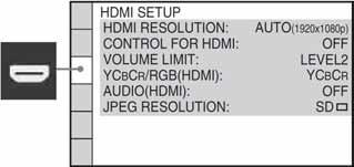 Podešenja za HDMI [HDMI SETUP] x [HDMI RESOLUTION] Možete odabrati vrstu video signala koji izlazi iz HDMI OUT priključnice.