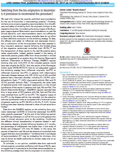 SWITCHING FROM THE BIO- ORIGINATORS TO BIOSIMILAR: IS IT PREMATURE TO RECOMMEND THIS PROCEDURE? ANN RHEUM DIS 2017;0:1. DOI:10.