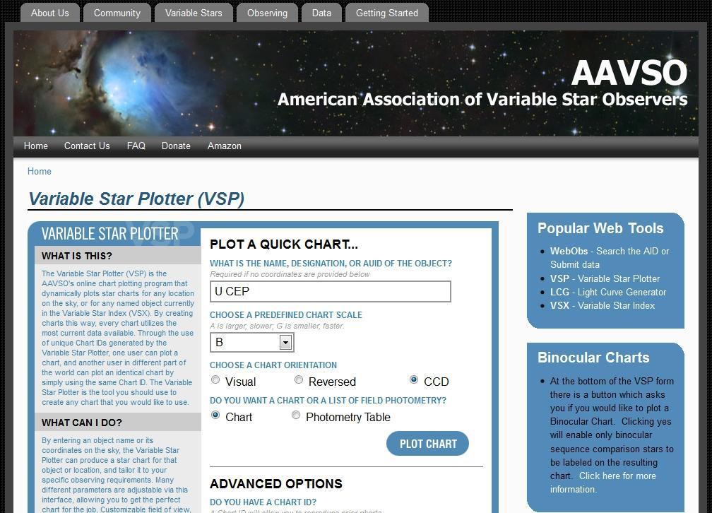 Αυτή η σελίδα της AAVSO " Variable Star Plotter ", Σχήμα 3.1, μπορεί να δημιουργήσει χάρτες σε διάφορα μεγέθη από το όνομα του μεταβλητού αστέρα. (Η χρήση του περιγράφεται λεπτομερώς στο Κεφάλαιο 7.