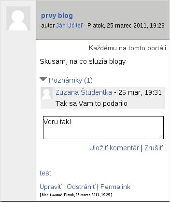 Komentovanie blogu Novou vlastnosťou v Moodle 2.0 je možnosť vkladať komentáre k blogom. Postup je znázornený na obr. 2.12, kde učiteľ odpovedá na komentár študenta na svoj blog.