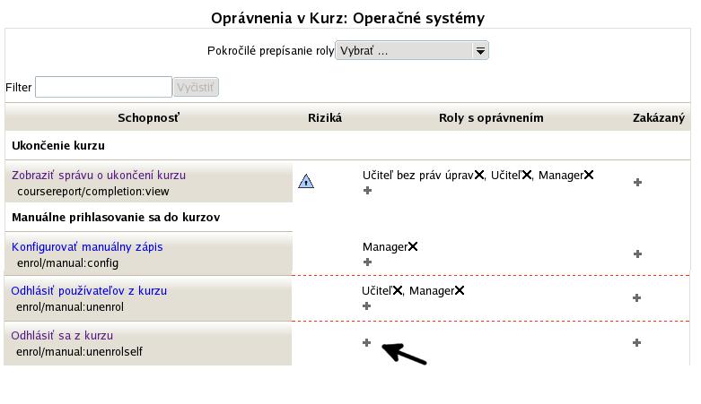 10: Prestavenie oprávnení študenta, aby sa mohol sám odhlásiť z kurzu Priradenie roly v aktivitách Okrem priraďovania rol priamo v administratíve kurzu je možné nastavovať roly aj v jednotlivých