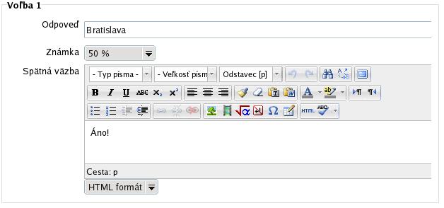 60 Práca s kurzom Obr. 3.27: Otázka s viacerými možnosťami vyplnenie odpovede Obr. 3.28: Náhľad zobrazenia otázky s viacerými možnosťami Náhľad tejto otázky aj so spätnou väzbou je znázornený na obr.