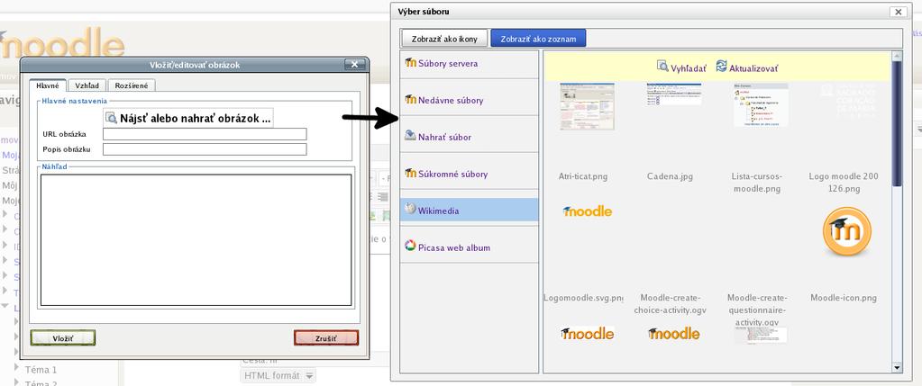 4.2 Súbory 77 4.2 Súbory Obr. 4.2: Vkladanie obrázku Súbory, ktoré chceme používať v kurze, musia byť alebo dostupné na Internete (vytvoríme na ne odkaz), alebo musia byť uložené na serveri Moodle.