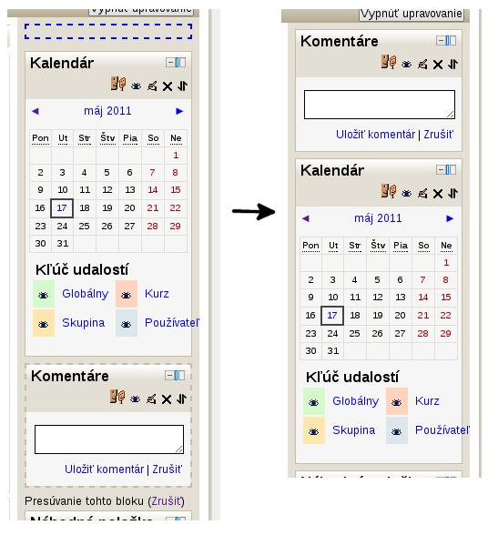 92 Bloky Obr. 6.2: Presúvanie blokov Obr. 6.3: Spoločné nastavenia blokov Zobraziť na týchto typoch stránok Bloky môžu byť viditeľné alebo na hlavnej stránke kurzu, na ľubovoľnej stránke kurzu alebo úplne všade.