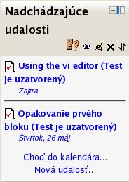 94 Bloky Obr. 6.4: Zobrazenie bloku nadchádzajúce udalosti Obr. 6.5: Zobrazenie bloku Aktivity v kurze Tagy, tagy blogov Slúži na zobrazenie kľúčových slov (tagov) k blogom na portáli.