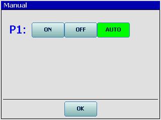 Manual manuálne ovládanie výstupu P1. ON stále zapnutý, OFF stále vypnutý, AUTO automatická prevádzka.