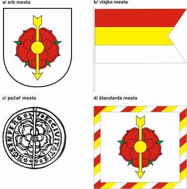3. Symboly mesta Symbolmi mesta sú: erb, vlajka, pečať a štandarda. Erb mesta predstavuje na striebornom štíte červená ruža, prestrelená zlatým, nadol smerujúcim šípom.
