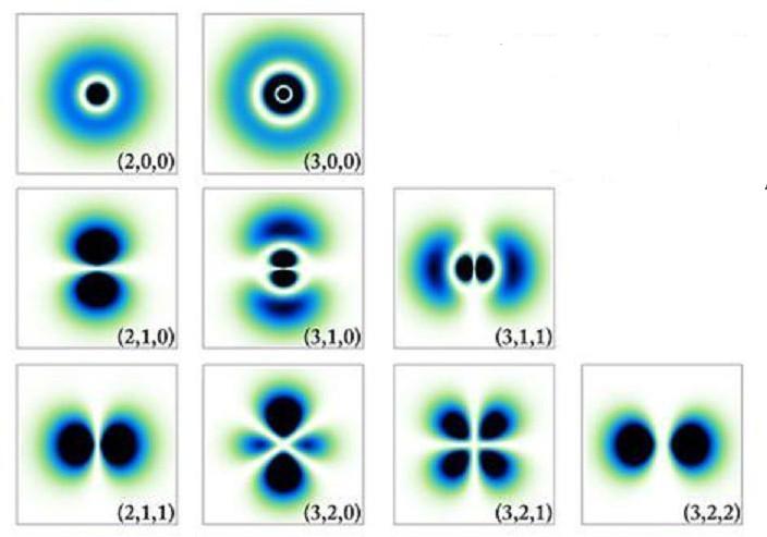 B. Golli, Izbrana poglavja iz Atomov, molekul, jeder 25. maj 2015, 11 Slika 5: Slike verjetnostnih gostot za stanja z n = 2 in n = 3 ter različne vrednosti za magnetno kvantno število m 0.