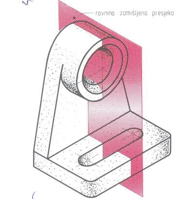 8. Prema izometriji predmeta na slici nacrtaj (skiciraj ) ortogonalne projekcije (N,T,B) i prema prikazanoj ravnini sječenja nacrtaj presjek u odgovarajućoj projekciji.