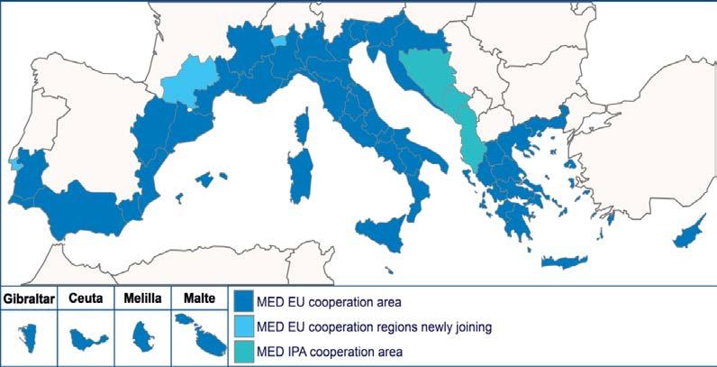 Επιλέξιμη περιοχή της Ελλάδας Med 2014-2020 Όλη η χώρα Επιλέξιμη περιοχή εκτός Ελλάδας Αλβανία, Βοσνία & Ερζεγοβίνη, Γαλλία, Ηνωμένο Βασίλειο (Γιβραλτάρ), Ισπανία, Ιταλία, Κροατία, Κύπρος, Μάλτα,