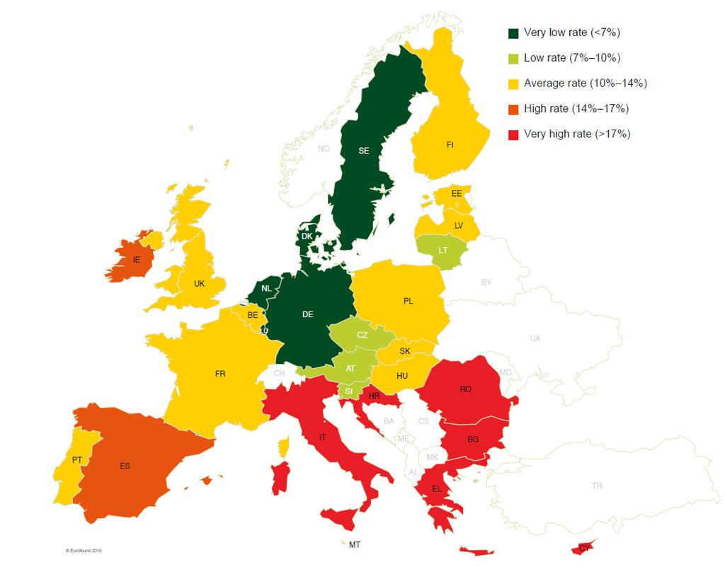 Εικόνα 1: Ποσοστά NEETs (15-24 ετών) στην Ε.Ε.-28 (2015) (%) Πηγή: Eurostat όπ. παρατ. στο Eurofound, 2016: 15. Εκτός από την ετερογένεια που υπάρχει ανάμεσα στα κράτη-μέλη της Ε.Ε. σε σχέση με τα ποσοστά των NEETs, ετερογένεια εμφανίζεται και στον ίδιο τον πληθυσμό των NEETs με βάση τα κοινωνικά τους χαρακτηριστικά.
