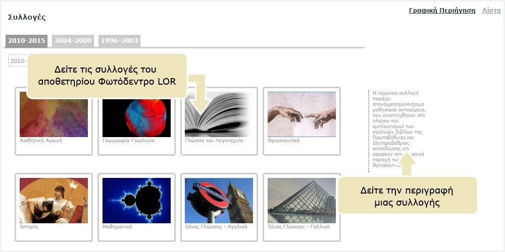 4.1.1. ΣΥΛΛΟΓΕΣ Κάθε Συλλογή αντιπροσωπεύει έναν «Φάκελο» με μαθησιακά αντικείμενα τα οποία συνήθως αναπτύχθηκαν από την ίδια ομάδα ή στο ίδιο πλαίσιο του ίδιου έργου.