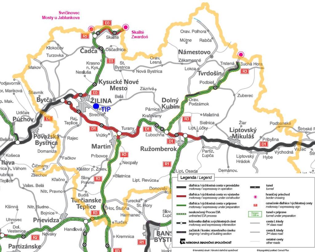 a vzdialených regiónov, tvoria v Žilinskom kraji plánované rýchlostné cesty: R5 - v súčasnosti I/11 (E75), R3 - v súčasnosti I/59 (E77) a I/65 a R1 - v súčasnosti I/59 (E77).