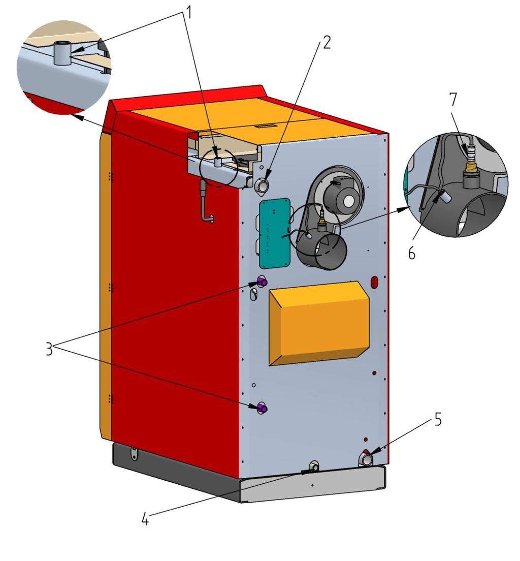 1. Priklop za tulko termičnega varovala R1/2". 2. Priklop dvižnega voda R 5/4". 3.