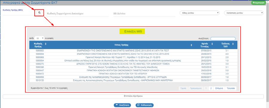 Τα «βασικά» κριτήρια αναζήτησης είναι τα παρακάτω: Κωδικός Πράξης (MIS): Αριθμητικό πεδίο (λίστα τιμών από φακό αναζήτησης) Κωδικός