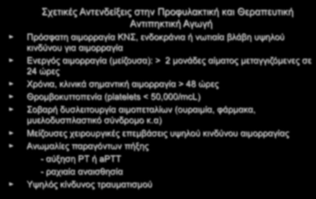 NCCN Practice Guidelines- Εν τω βάθει φλεβική θρόμβωση Σχετικές Αντενδείξεις στην Προφυλακτική και Θεραπευτική Αντιπηκτική Αγωγή Πρόσφατη αιμορραγία ΚΝΣ, ενδοκράνια ή νωτιαία βλάβη υψηλού κινδύνου