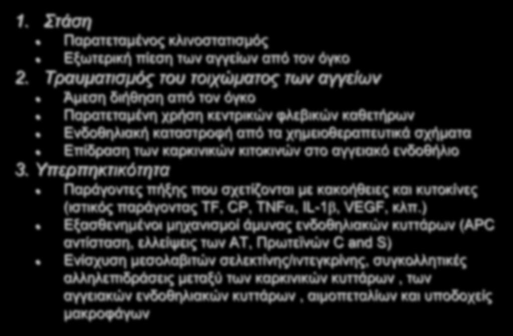 Παθογένεση της Θρόμβωσης στον Καρκίνο (Τροποποίηση της τριάδας του Virchow) 1. Στάση Παρατεταμένος κλινοστατισμός Εξωτερική πίεση των αγγείων από τον όγκο 2.